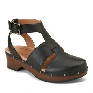 Vionic Black Leather T-Strap Faye Clog Sandals  Size 6  Support Comfort Orthotic